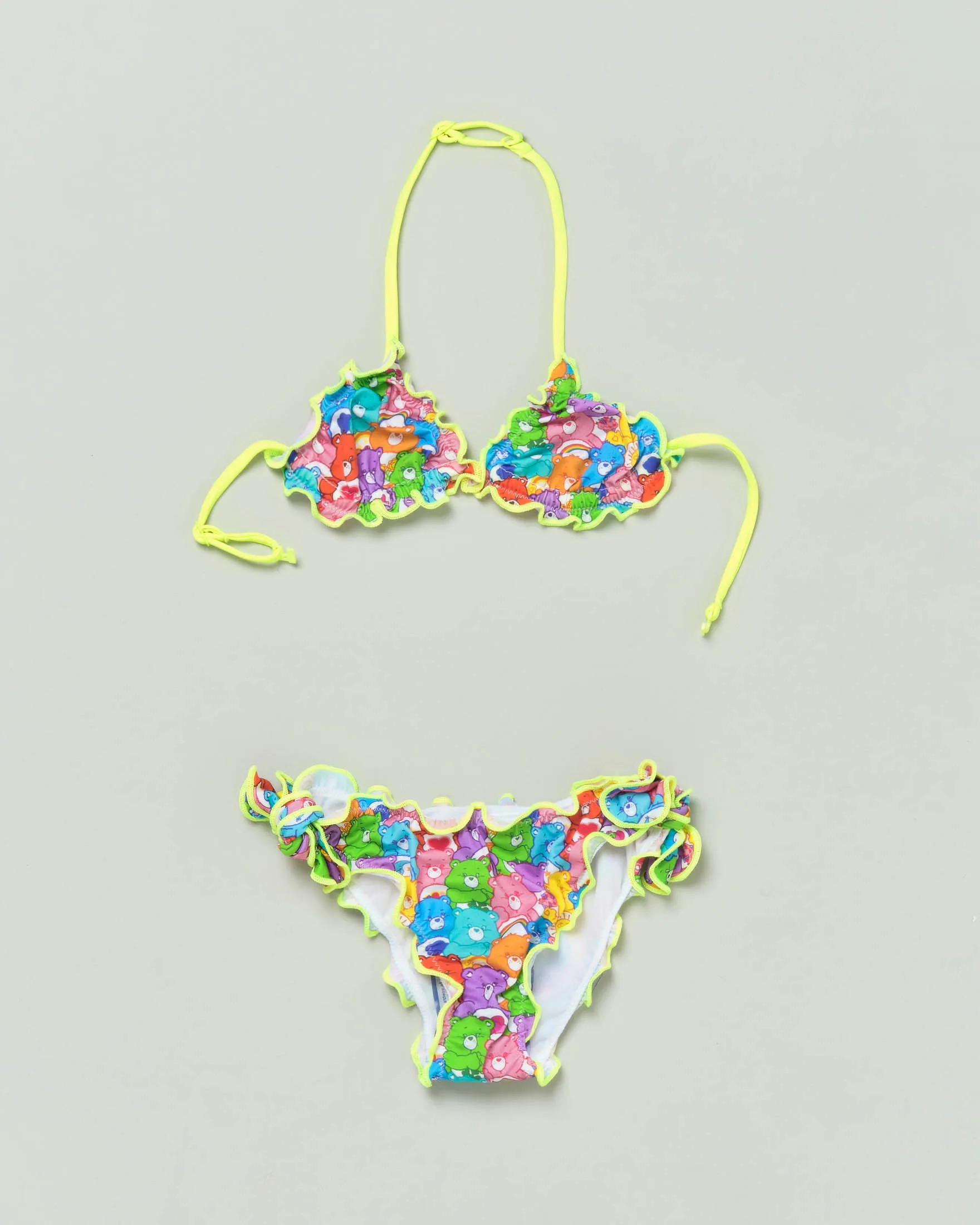 Bikini mare a triangolo con stampa orsetti multicolor e laccio giallo fluo 2-8 anni