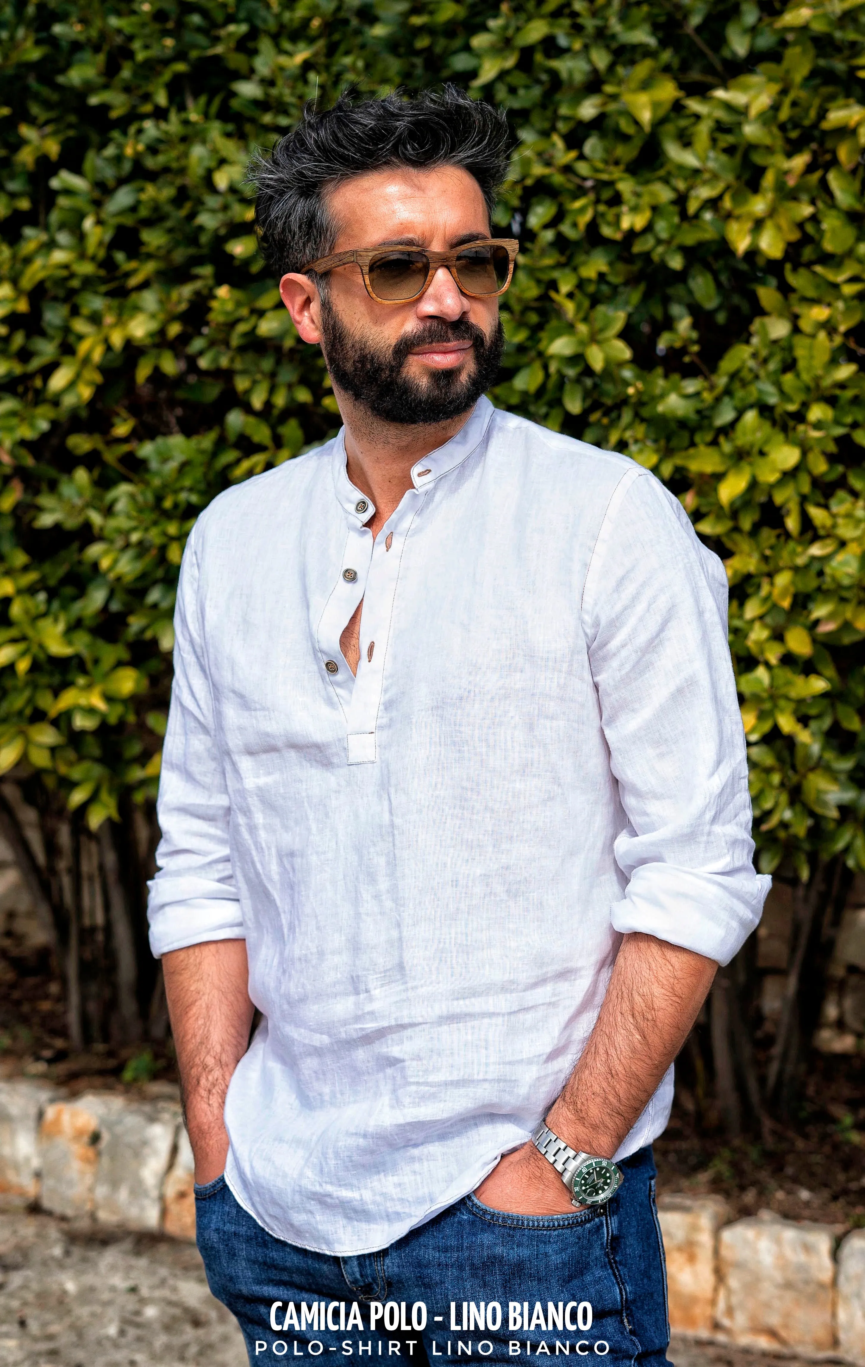 Camicia lino bianco guru coreano serafino chiusa a polo made in italy