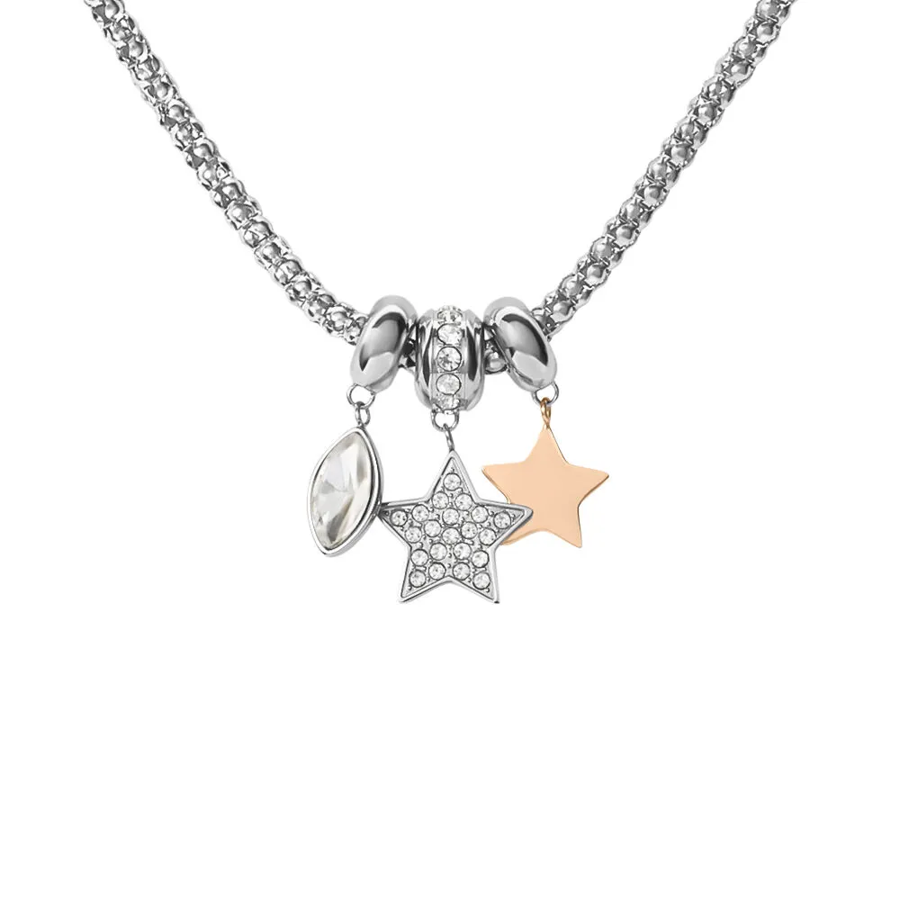 Collana Stella Lady Chic Acciaio Bicolore Bianco / Rosa Maglia Pop Corn Cristallo Bianco 38.5 + 5 cm 1674560