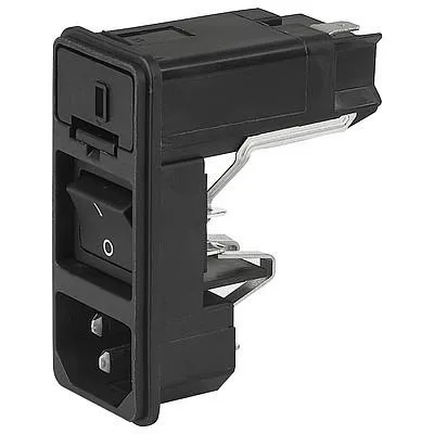 Connettore IEC C14 Schurter Maschio, 10A, 125 V, 250 V., 1 fusibile 5 x 20mm, montaggio a scatto