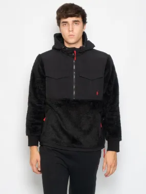 Felpa in Pile con Cappuccio e Mezza Zip Nero