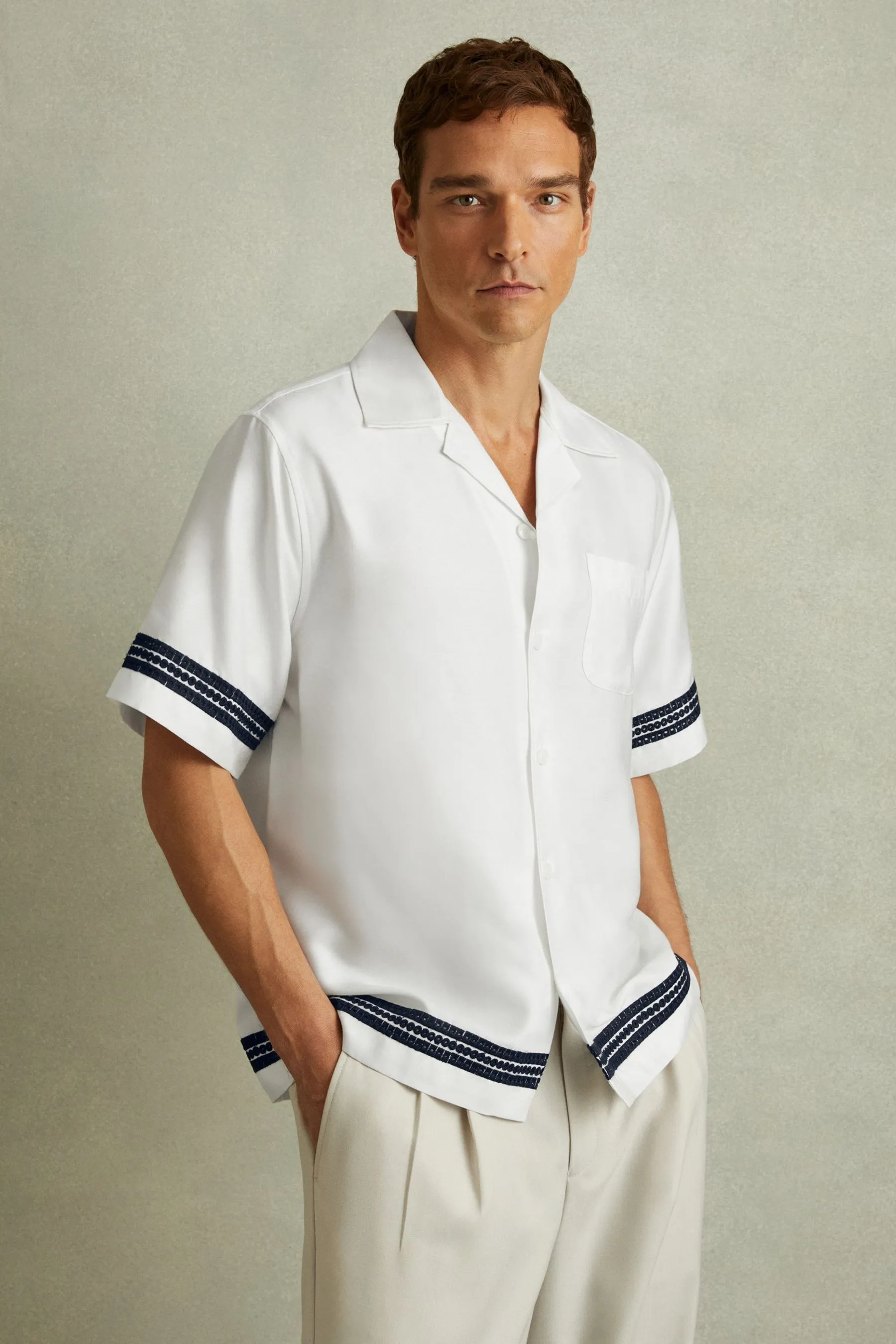 Reiss Sharday Embroidered Trim Cuban Collar Shirt    