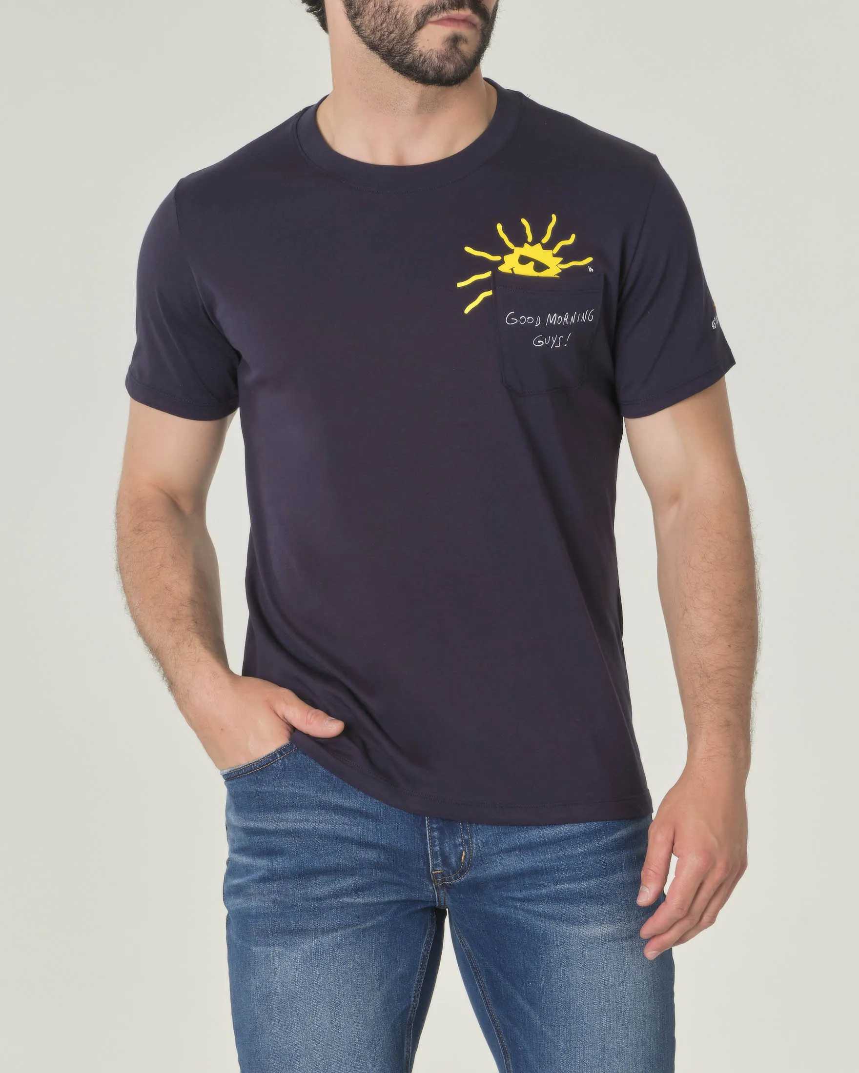 T-shirt blu mezza manica in jersey di cotone con taschino e stampa sole